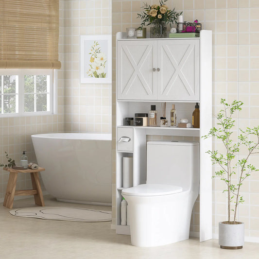 Farmhouse Over Toilet Cabinet, Adjustable Shelf, White Bathroom Cabinets Distressed White at Gallery Canada