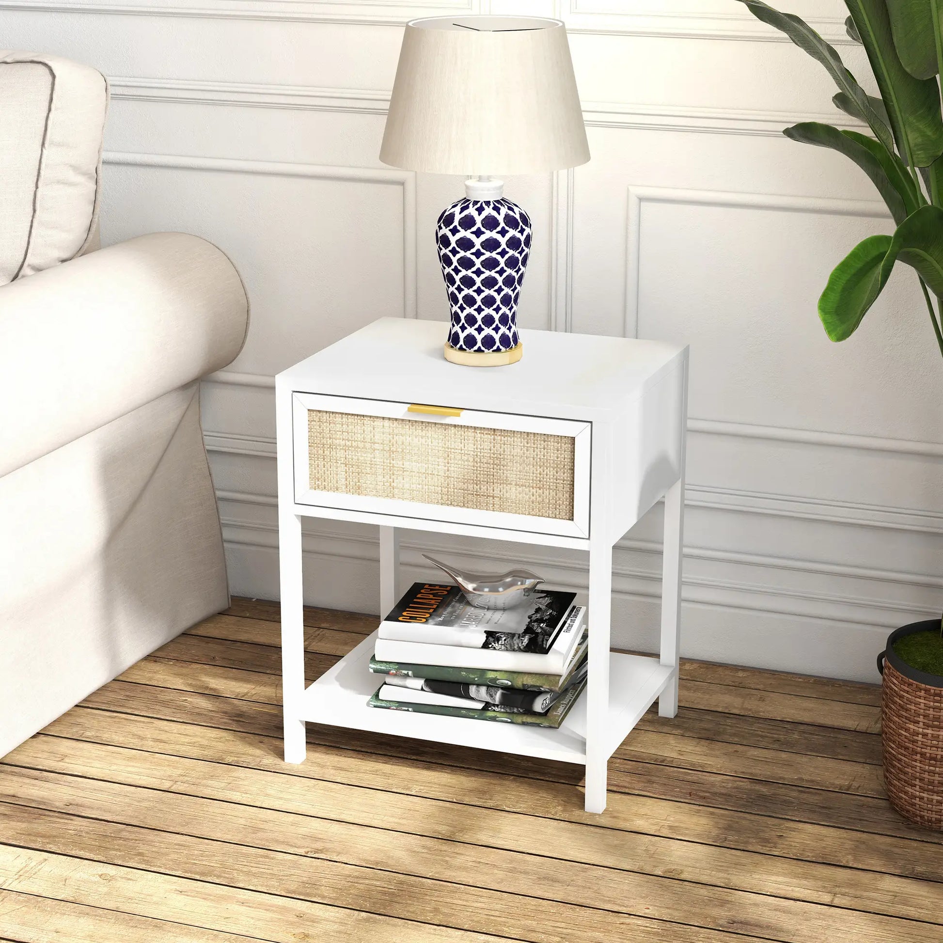 Boho Nightstand, Bedside Table with Rattan Drawer, Open Shelf Bedside Tables at Gallery Canada