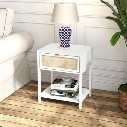 Boho Nightstand, Bedside Table with Rattan Drawer, Open Shelf Bedside Tables at Gallery Canada