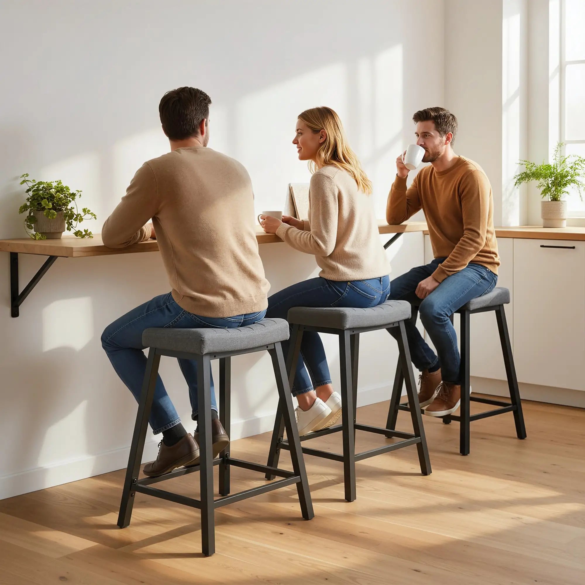Set of 3 Velvet Bar Stools, Curved Seat with Footrest, Grey Bar Stools at Gallery Canada