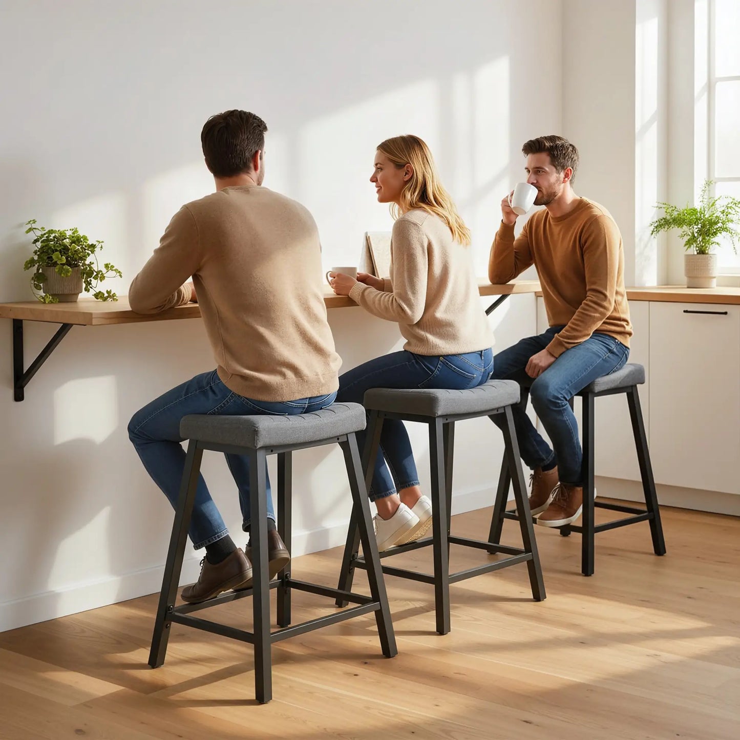 Set of 3 Velvet Bar Stools, Curved Seat with Footrest, Grey Bar Stools at Gallery Canada