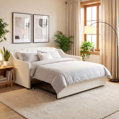 Upholstered Twin Trundle Bed, Extendable Twin To King, Cream White Bed Frames at Gallery Canada