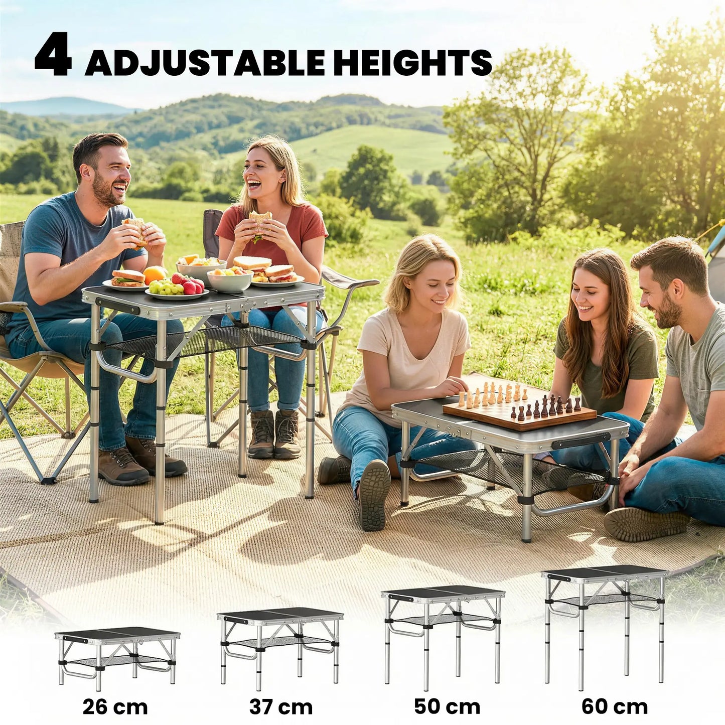 2ft Folding Camping Table, Mesh Storage, 4 Adjustable Heights, Black Picnic Tables & Camping Chairs at Gallery Canada