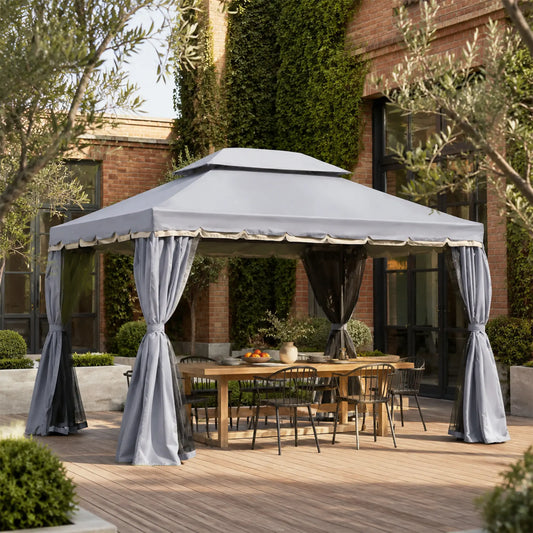 13' x 10' Patio Gazebo, 2-Tier Polyester Roof, Vented Mesh Sidewall, Aluminum Frame, Grey Gazebos Grey at Gallery Canada
