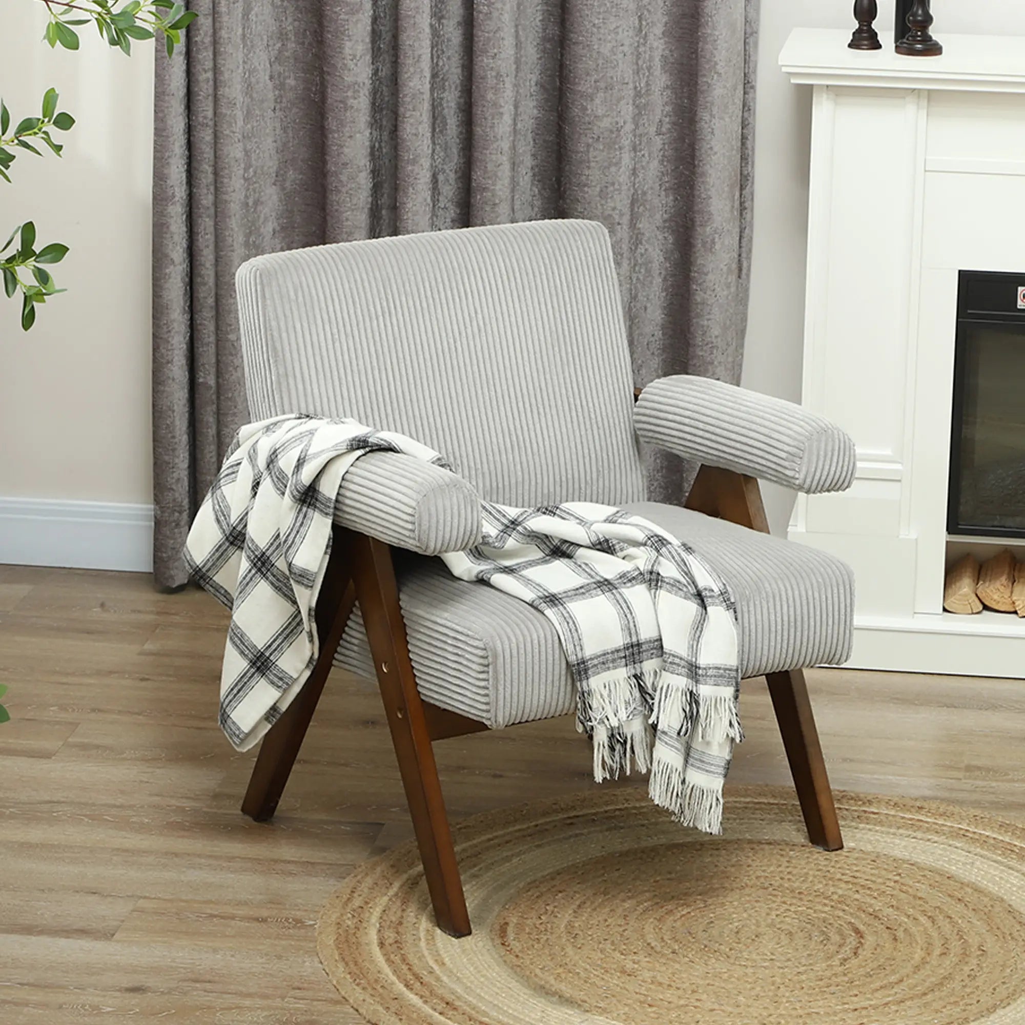 Corduroy Accent Chair Armchair with Wide Seat and Soft Padded Armrests for Reading, Bedroom, Light Grey Accent Chairs at Gallery Canada