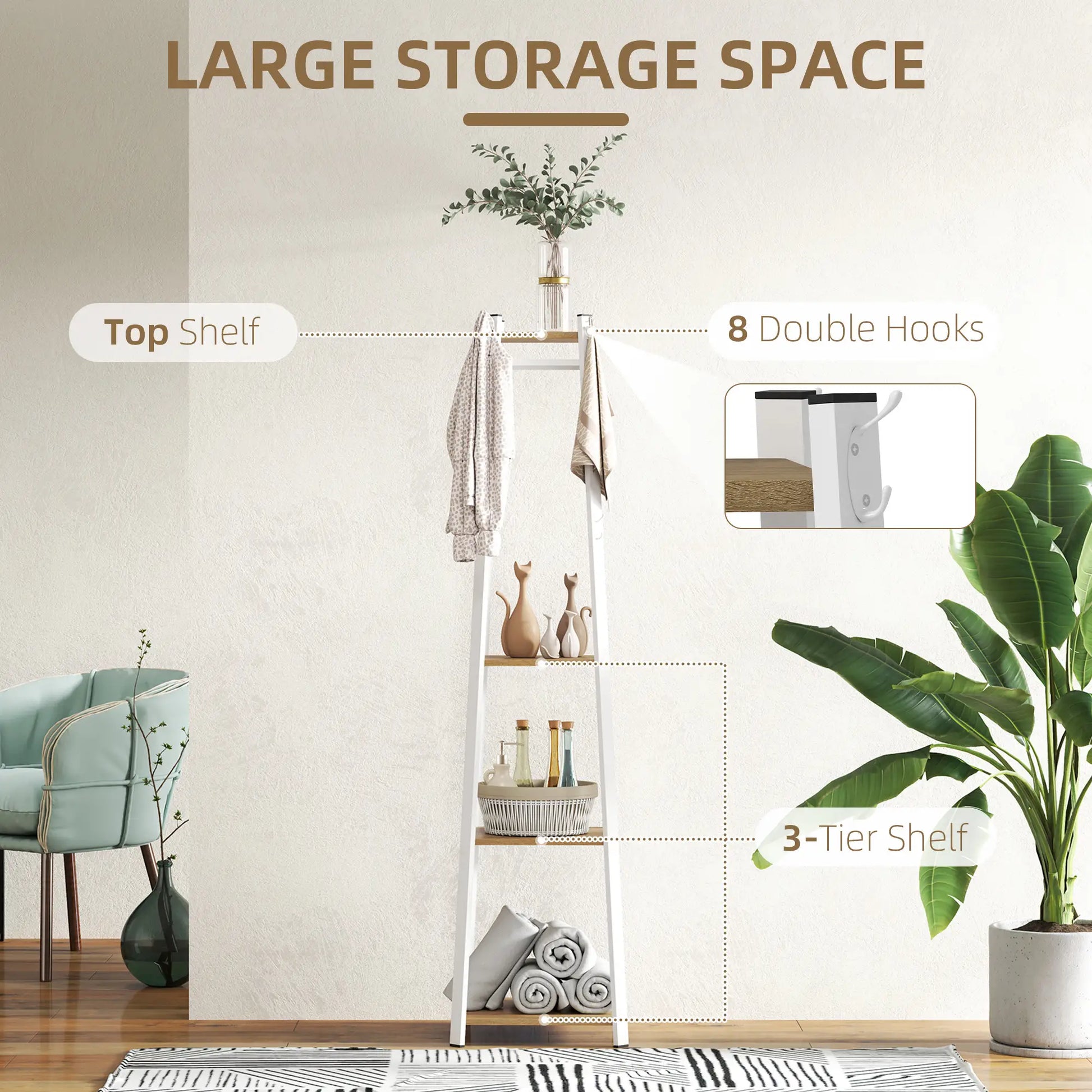 Clothes Rack with Storage, 8 Hooks, 3-Tier Shelf, Oak Clothing Storage at Gallery Canada