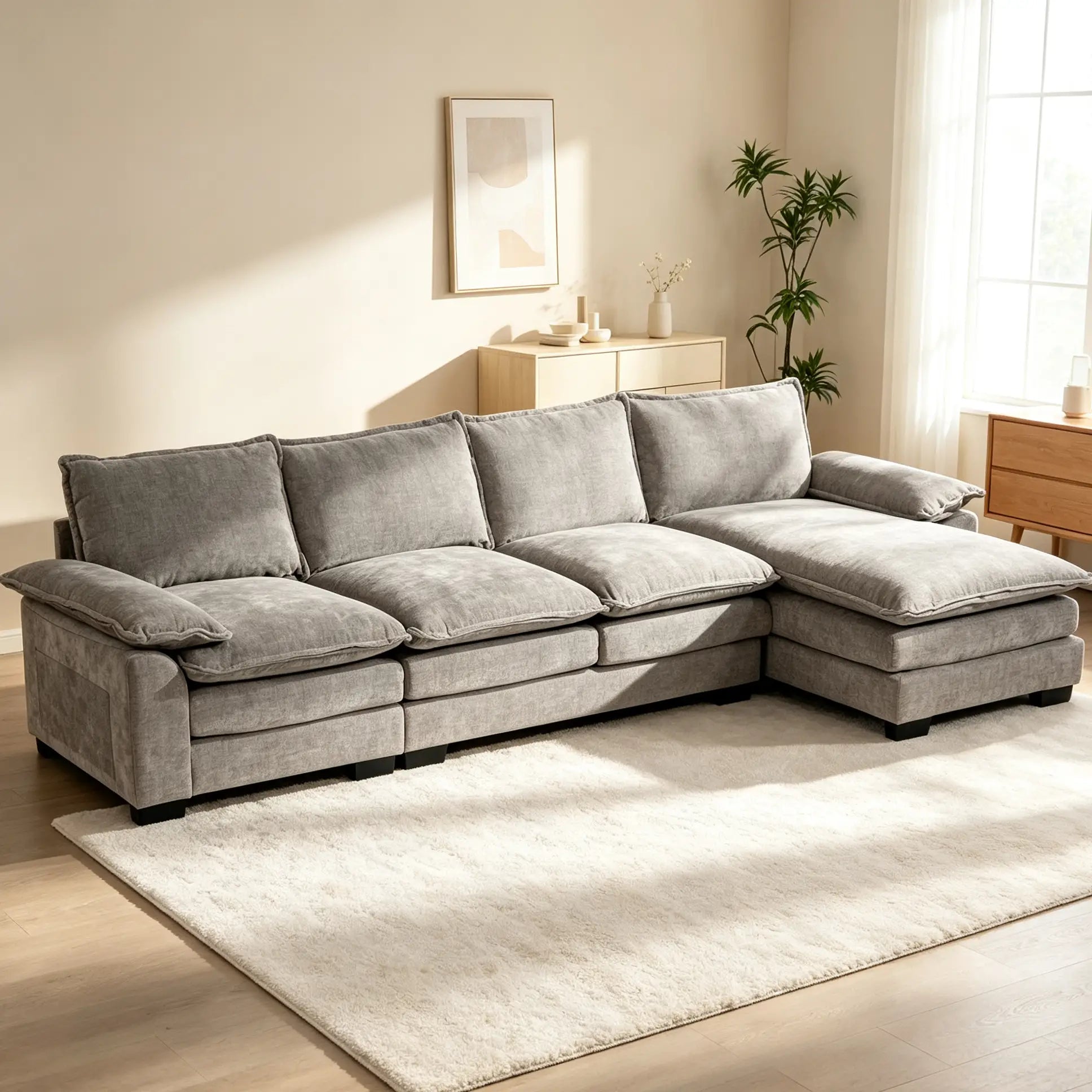 Chenille L-Shaped Sofa with Chaise Lounge, Double-Layer Seat Cushion, Grey Sofas & Reclining Chairs at Gallery Canada