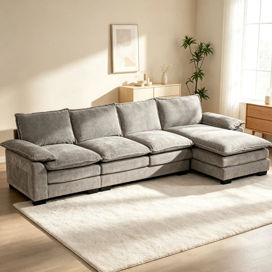 Chenille L-Shaped Sofa with Chaise Lounge, Double-Layer Seat Cushion, Grey Sofas & Reclining Chairs Grey at Gallery Canada