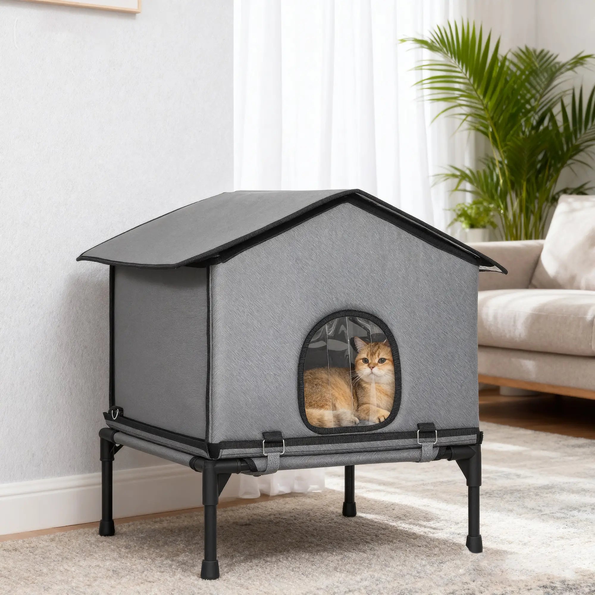 Outdoor Cat House, Waterproof Insulated Cat Kennel with Elevated Base, Foldable Feral Kitty Shelter for Kittens, Grey Cat Houses at Gallery Canada