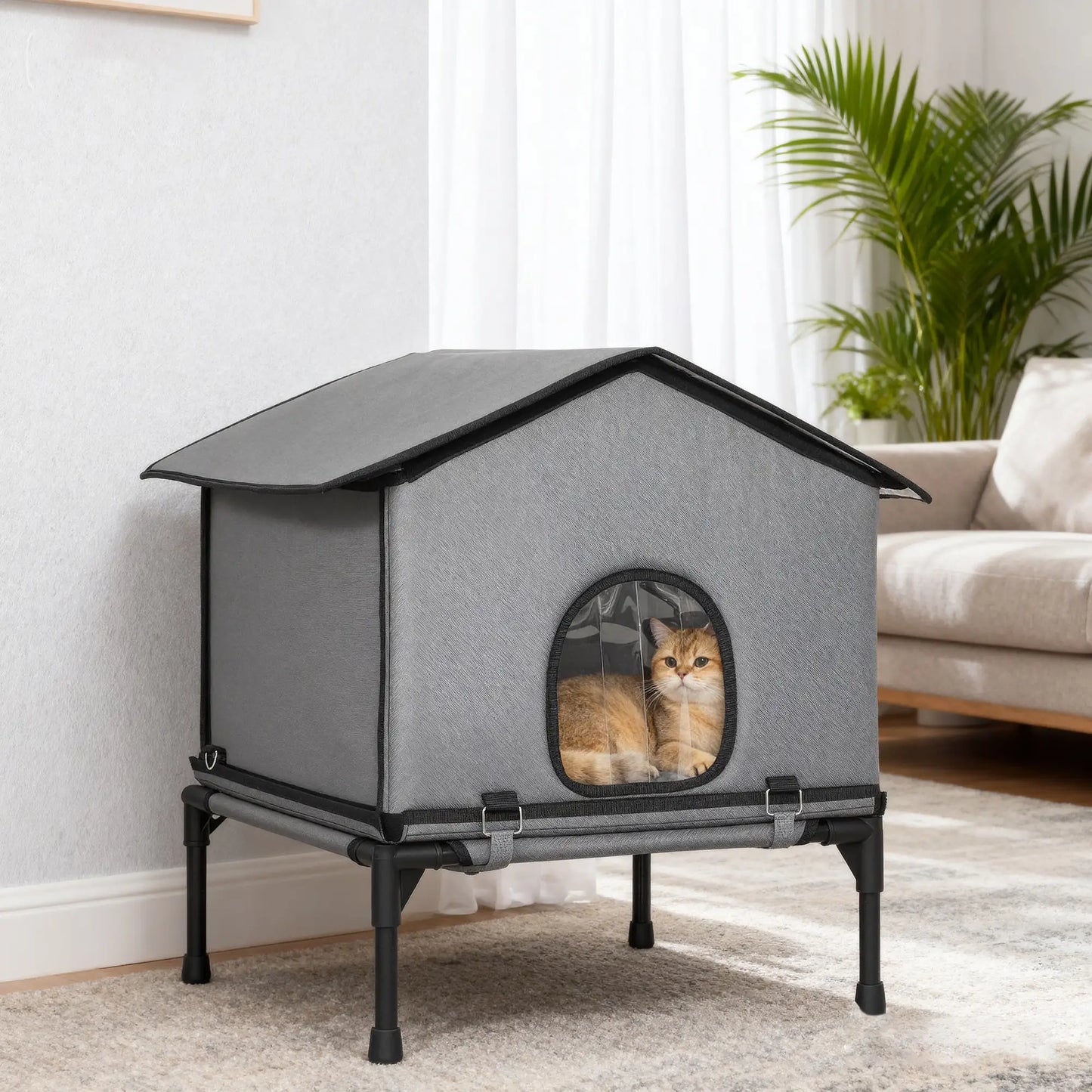 Outdoor Cat House, Waterproof Insulated Cat Kennel with Elevated Base, Foldable Feral Kitty Shelter for Kittens, Grey Cat Houses at Gallery Canada