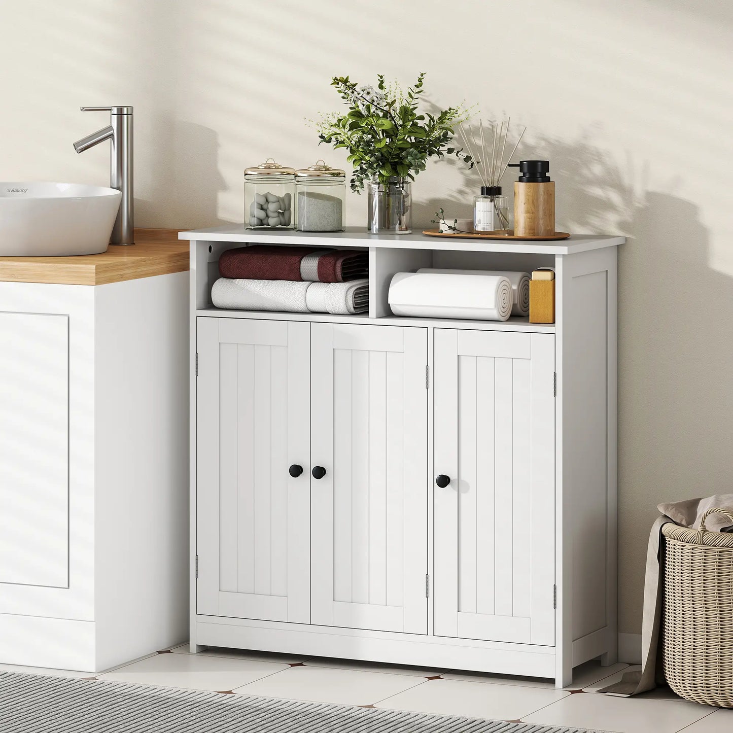 Freestanding Bathroom Floor Cabinet, 3 Doors, 2 Shelves, Adjustable, White Freestanding Bathroom Cabinets at Gallery Canada