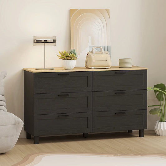 47" Wide Chest Of Drawers, Modern Dresser, 6 Drawers, Wood Legs, Black Storage Cabinets Black Wood Grain, Natural at Gallery Canada
