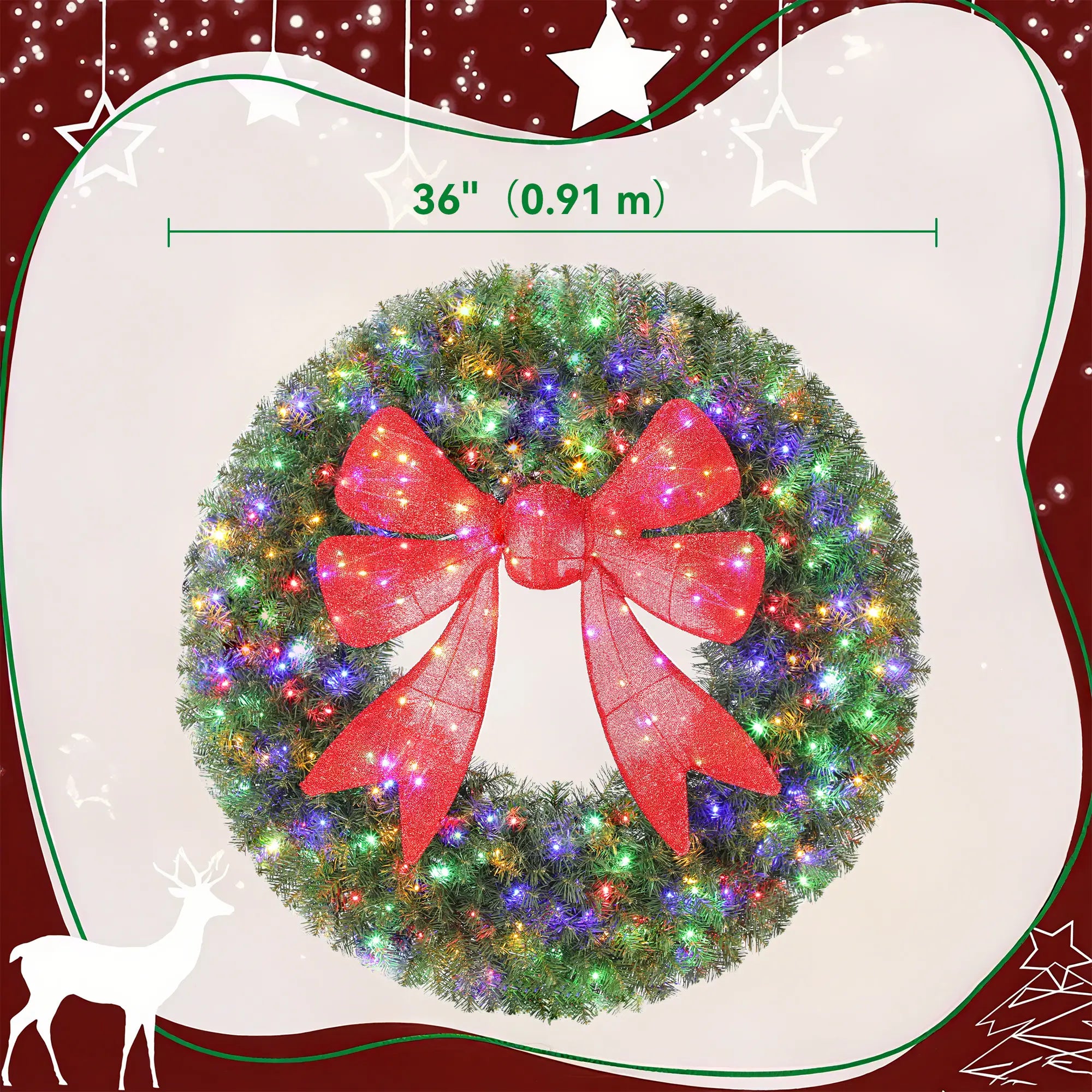 36in Pre-Lit Christmas Wreath, 3D Red Bow, 11 Lighting Modes, Remote, Red Christmas Wreaths at Gallery Canada