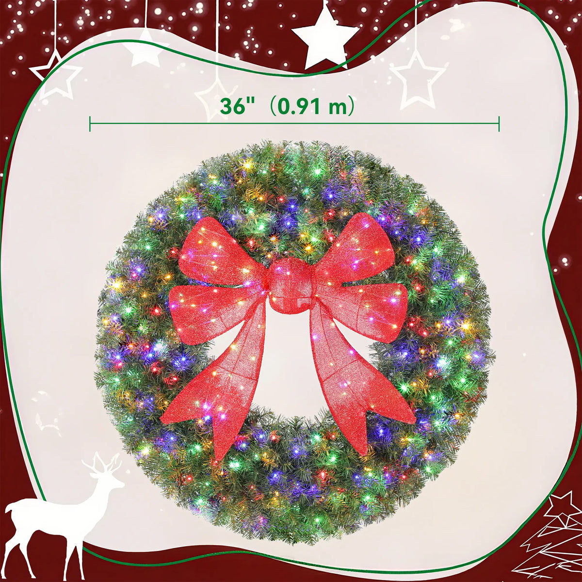 36in Pre-Lit Christmas Wreath, 3D Red Bow, 11 Lighting Modes, Remote, Red Christmas Wreaths at Gallery Canada