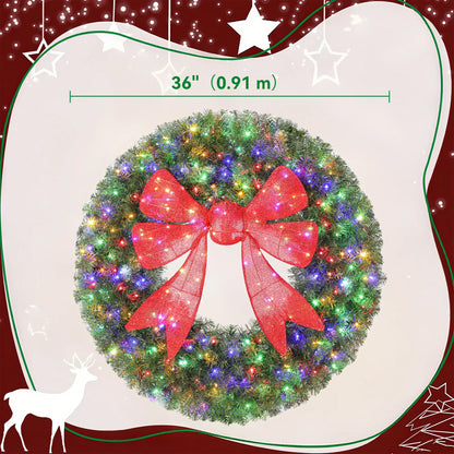 36in Pre-Lit Christmas Wreath, 3D Red Bow, 11 Lighting Modes, Remote, Red Christmas Wreaths at Gallery Canada