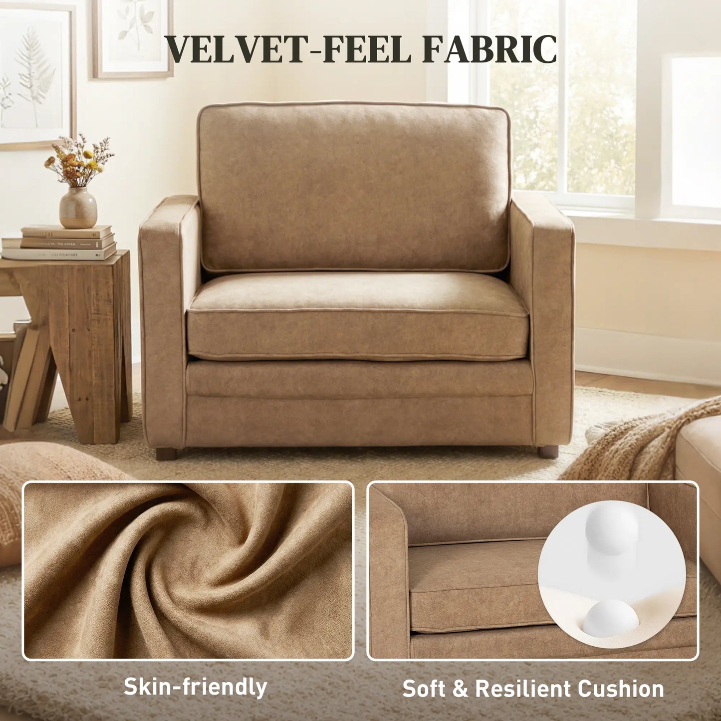 Velvet Fabric Armchair, Wide Seat, Spring Cushion, Solid Wood Legs, Brown Single Sofas at Gallery Canada