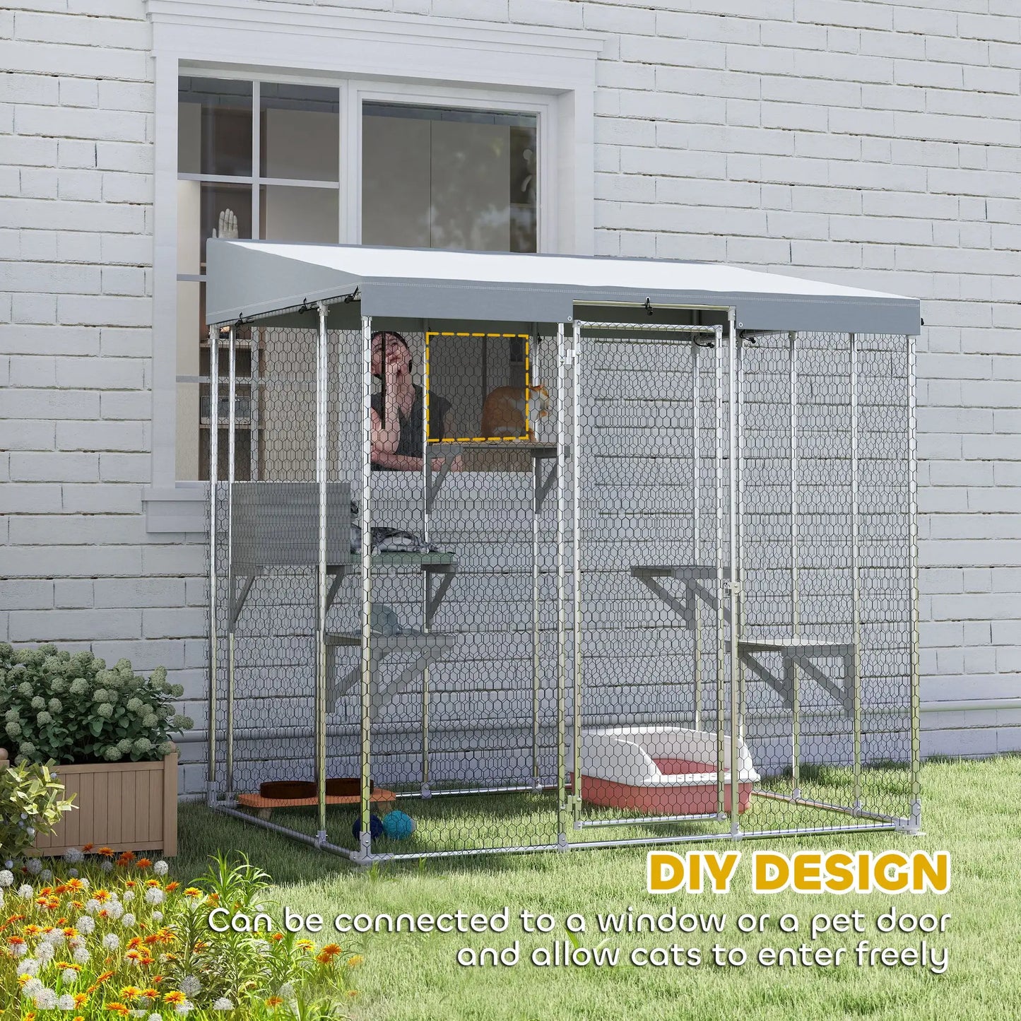 79" L Galvanized Steel Catio, Outdoor Cat Enclosure, 420D Waterproof Canopy, Multiple Platforms, Resting Condo, Silver Outdoor Cat Enclosures at Gallery Canada