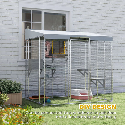 79" L Galvanized Steel Catio, Outdoor Cat Enclosure, 420D Waterproof Canopy, Multiple Platforms, Resting Condo, Silver Outdoor Cat Enclosures at Gallery Canada