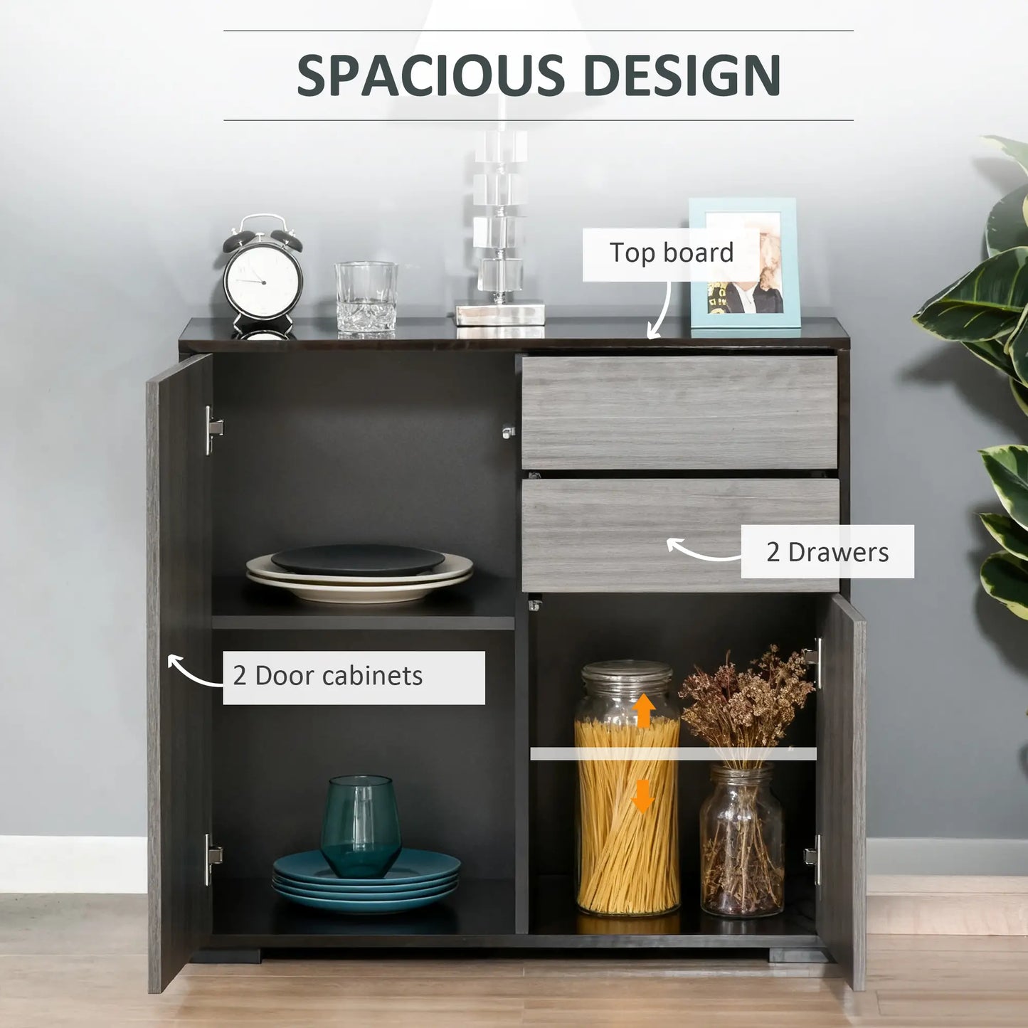 High Gloss Buffet Sideboard, 2 Drawers, 2 Doors, Adjustable Shelf, Kitchen Cabinet, Grey Black