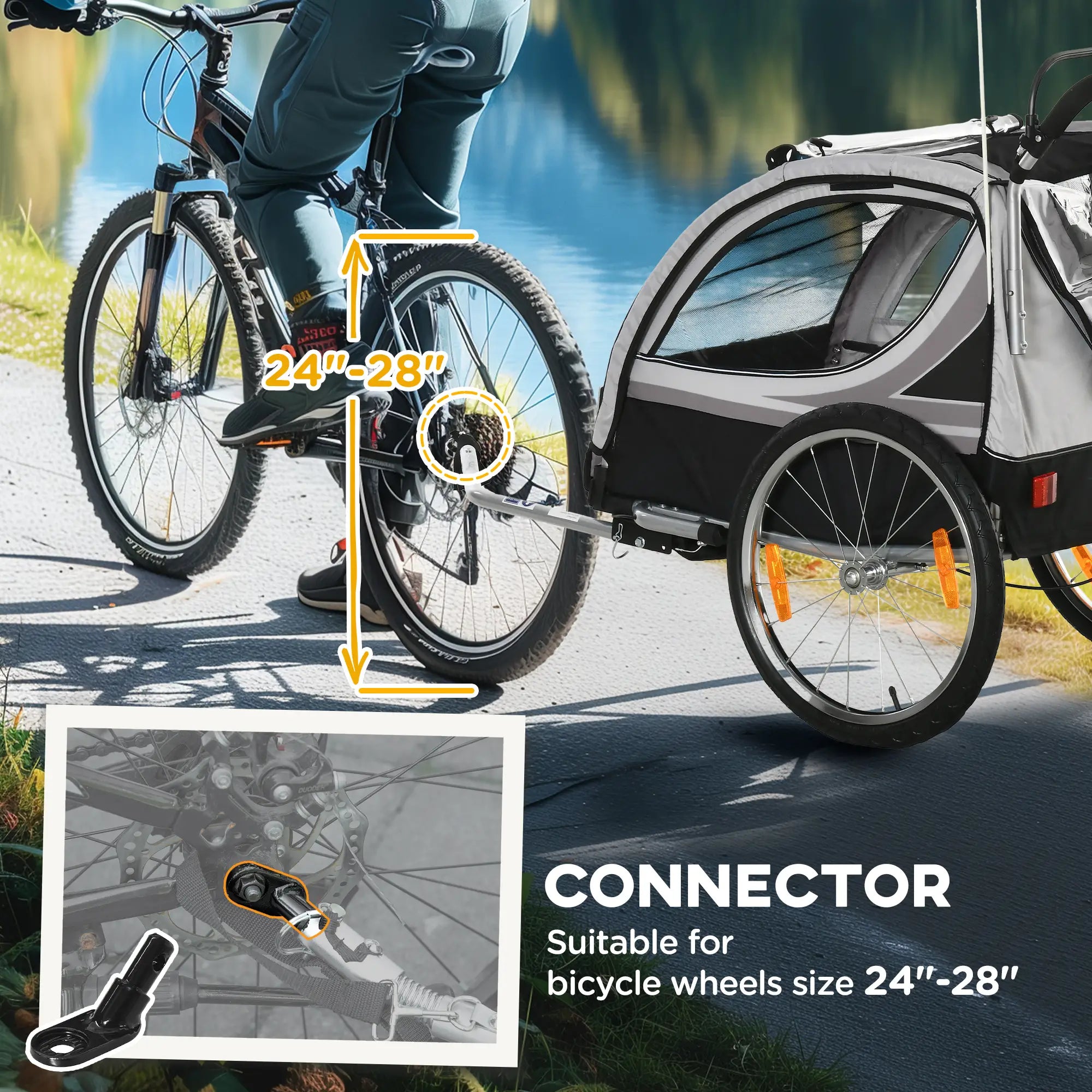 2 Seat Bike Trailer, 2-in-1 Baby Stroller, Handbrake, Rubber Wheels, Grey Kids Bike Trailers at Gallery Canada