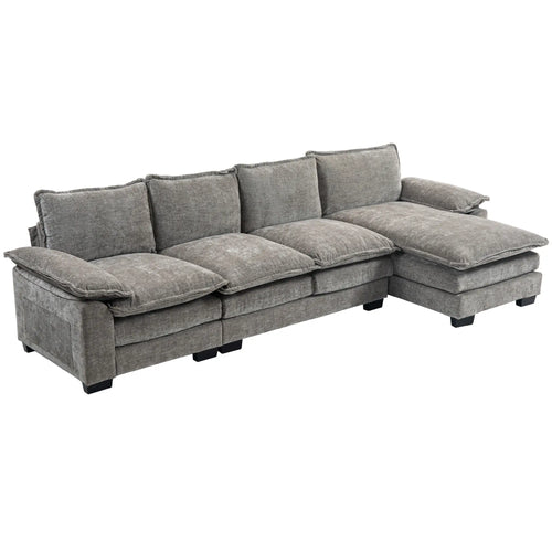 Chenille L-Shaped Sofa with Chaise Lounge, Double-Layer Seat Cushion, Grey