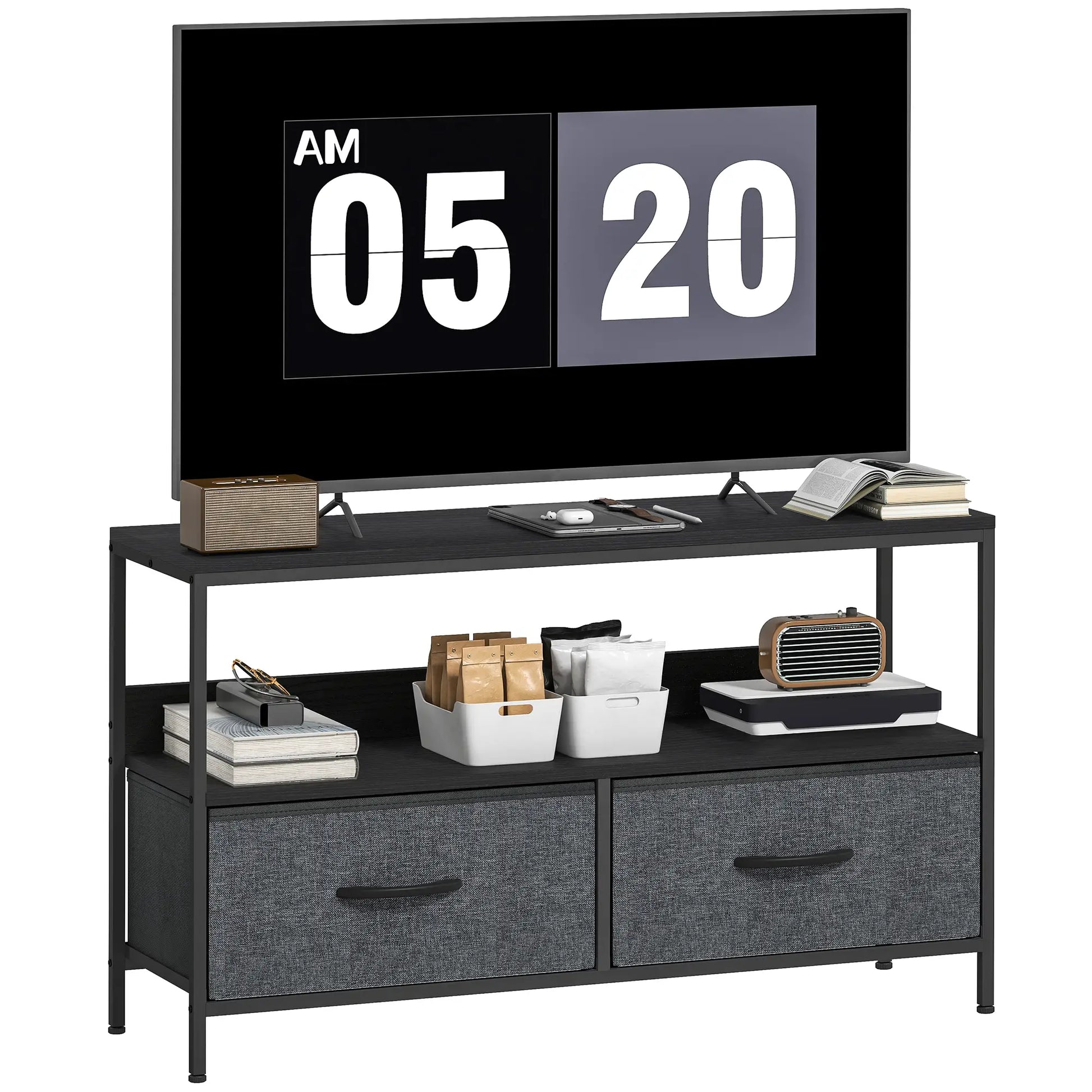 TV Stand with Charging Station, 2 Foldable Drawers, Open Shelf, 47 Inch, Black TV Stands at Gallery Canada