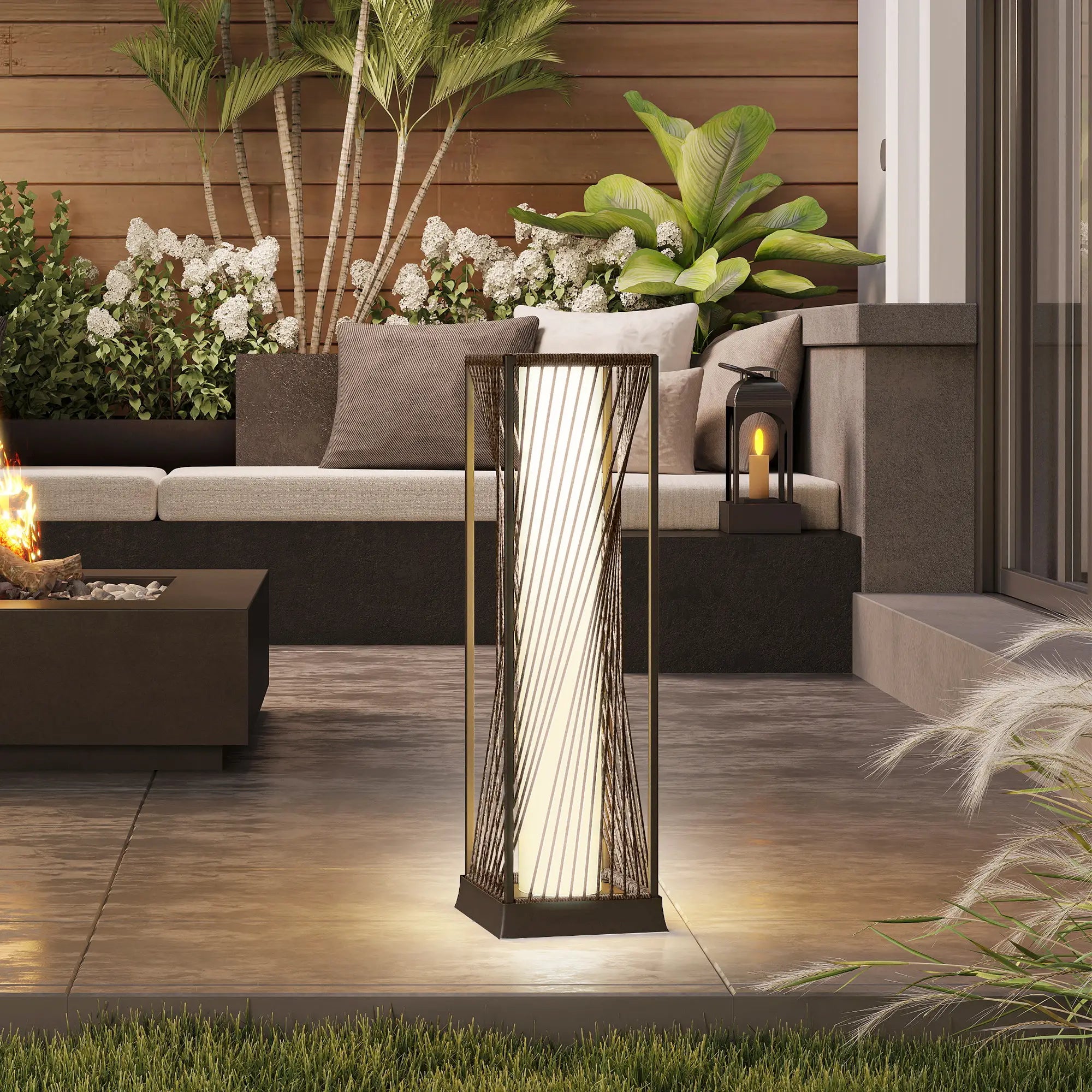 Rattan Solar Floor Lamp, IP44, LED Auto On/Off, Brown Solar Post Lamps at Gallery Canada