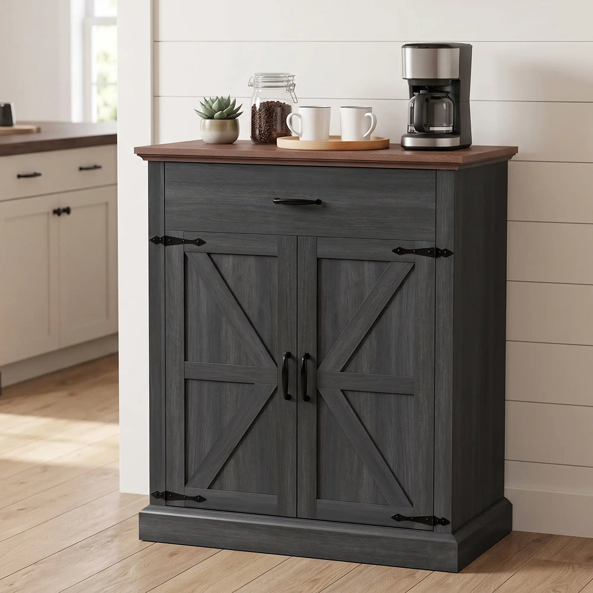 30" Farmhouse Sideboard, Black Buffet Cabinet, Barn Doors, Drawer, Black Storage Cabinets at Gallery Canada