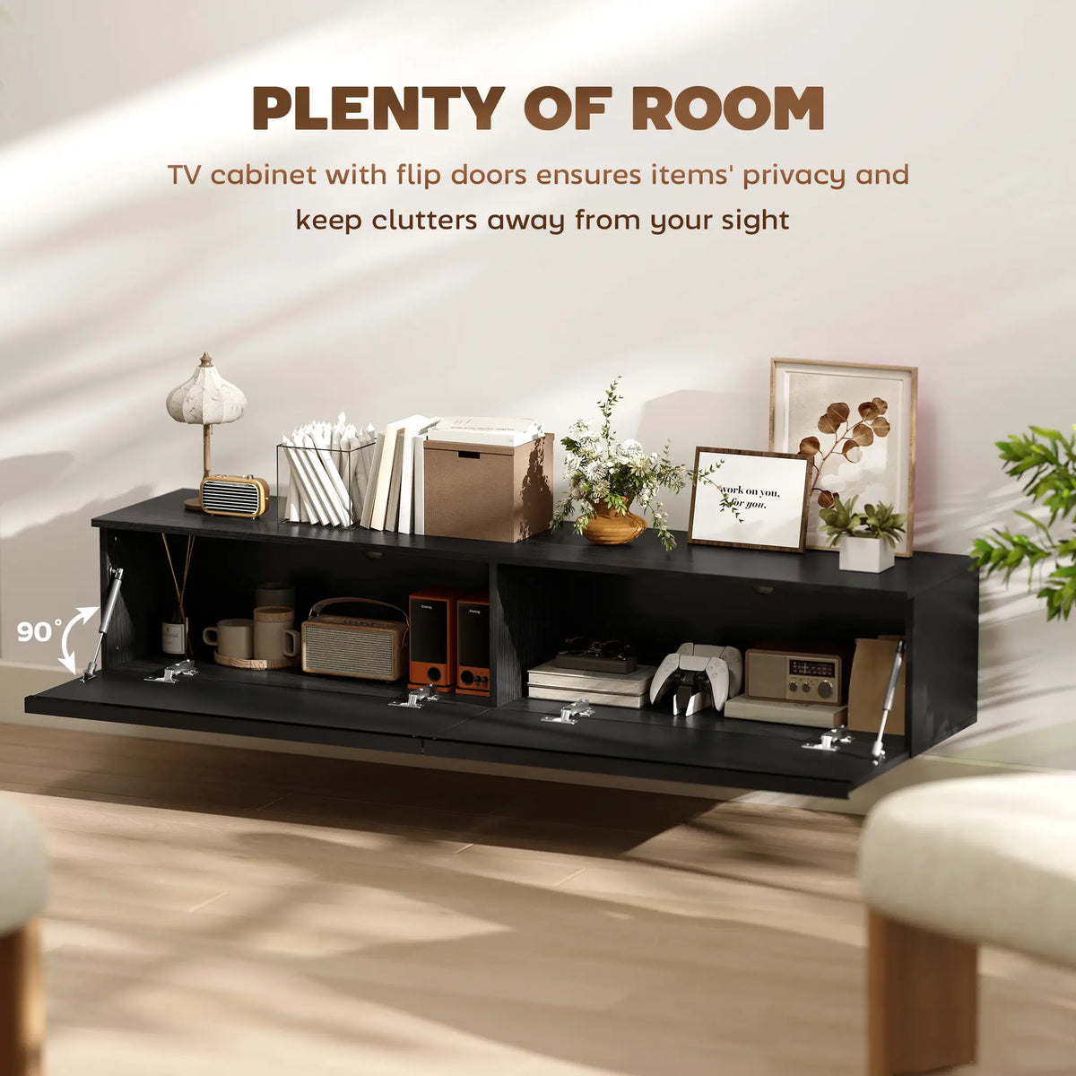 Wall Mounted TV Stand, Floating Cabinet, 70", High Gloss, Black