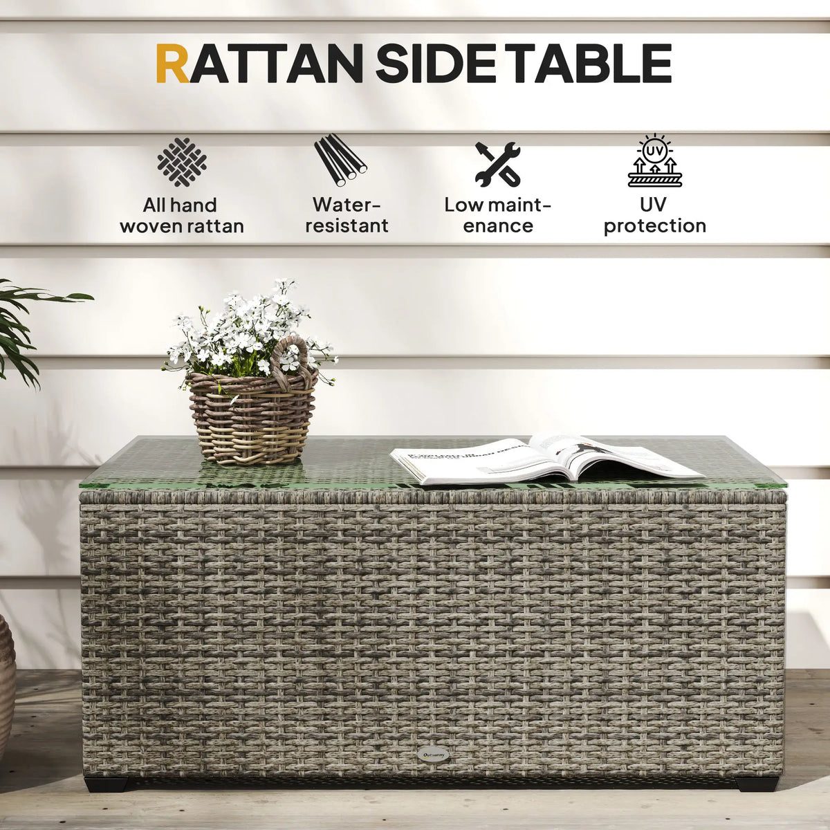 PE Wicker Outdoor Coffee Table, Rectangular Patio Table With Tempered Glass Top, Dark Grey Patio Side Tables at Gallery Canada
