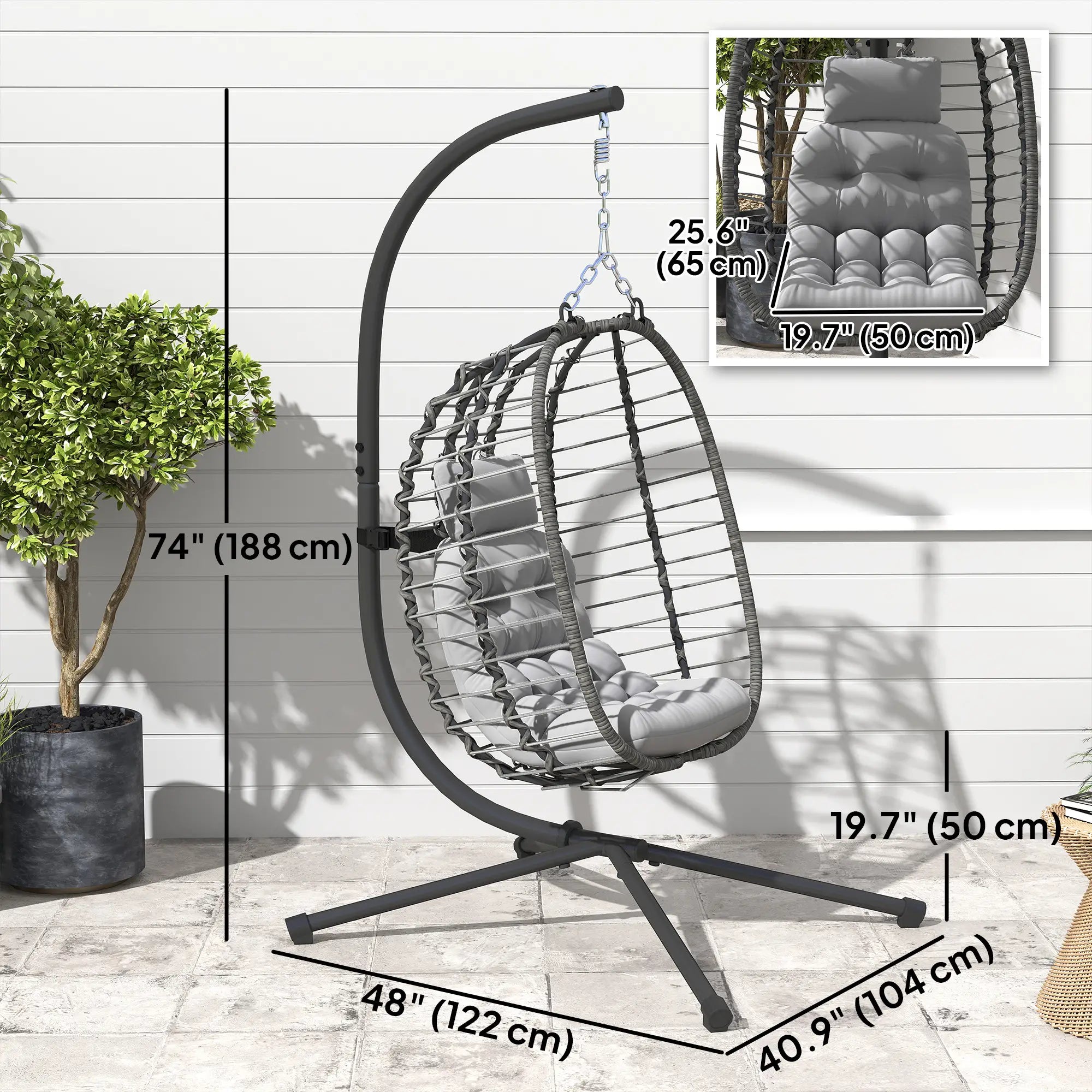 Hanging Egg Chair With Stand, Foldable Wicker Rattan Swing Chair, Light Grey Patio Chairs at Gallery Canada