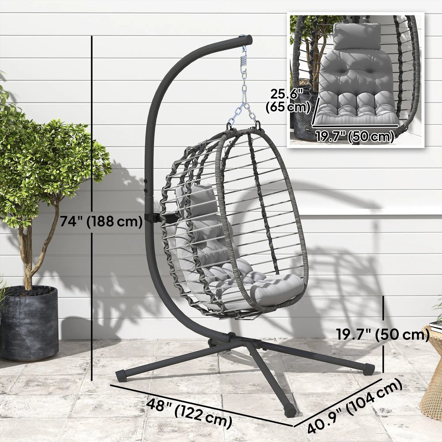 Hanging Egg Chair With Stand, Foldable Wicker Rattan Swing Chair, Light Grey Patio Chairs at Gallery Canada