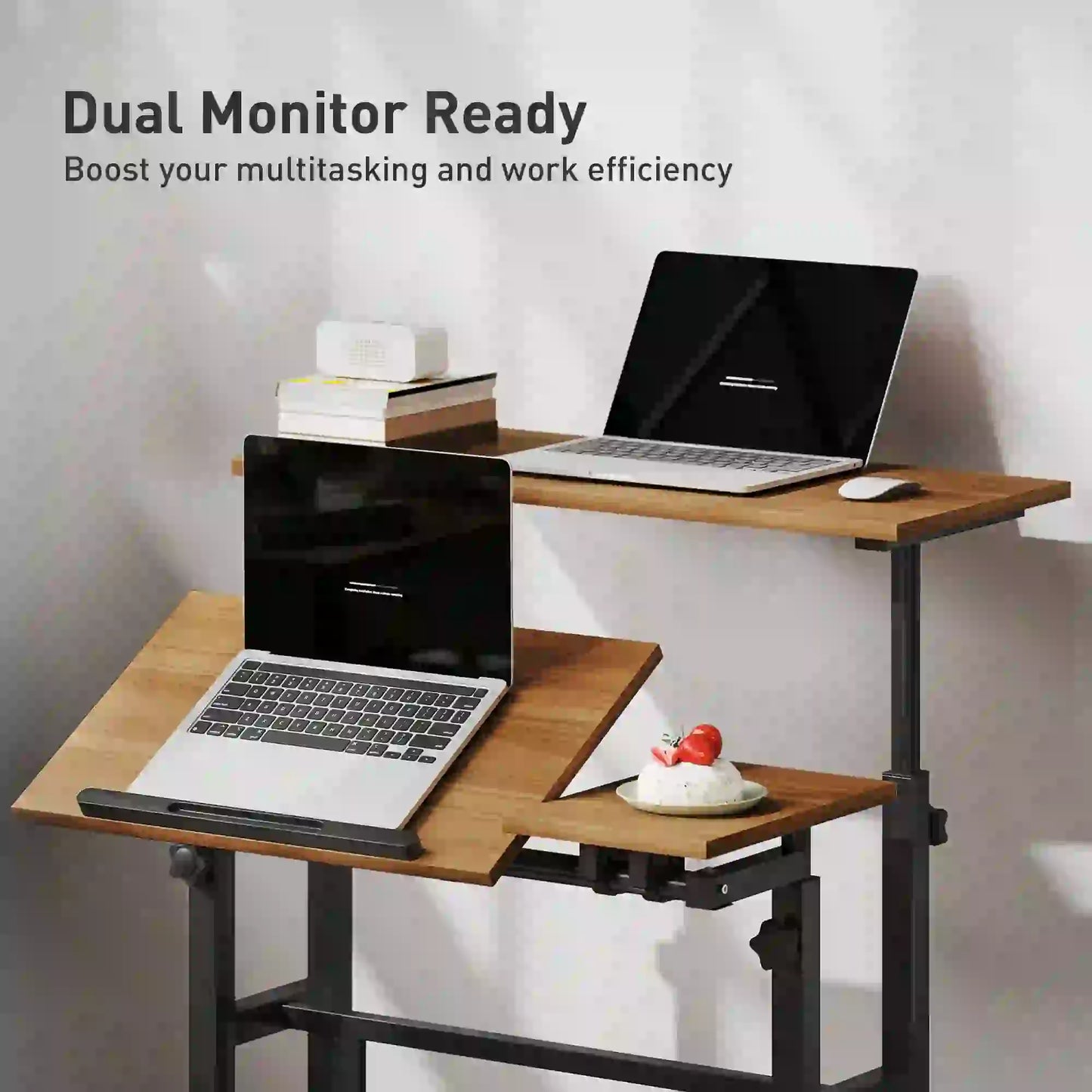 Mobile Stand Up Desk, Height Angle Adjustable, Wheels, Brown Computer Desks at Gallery Canada