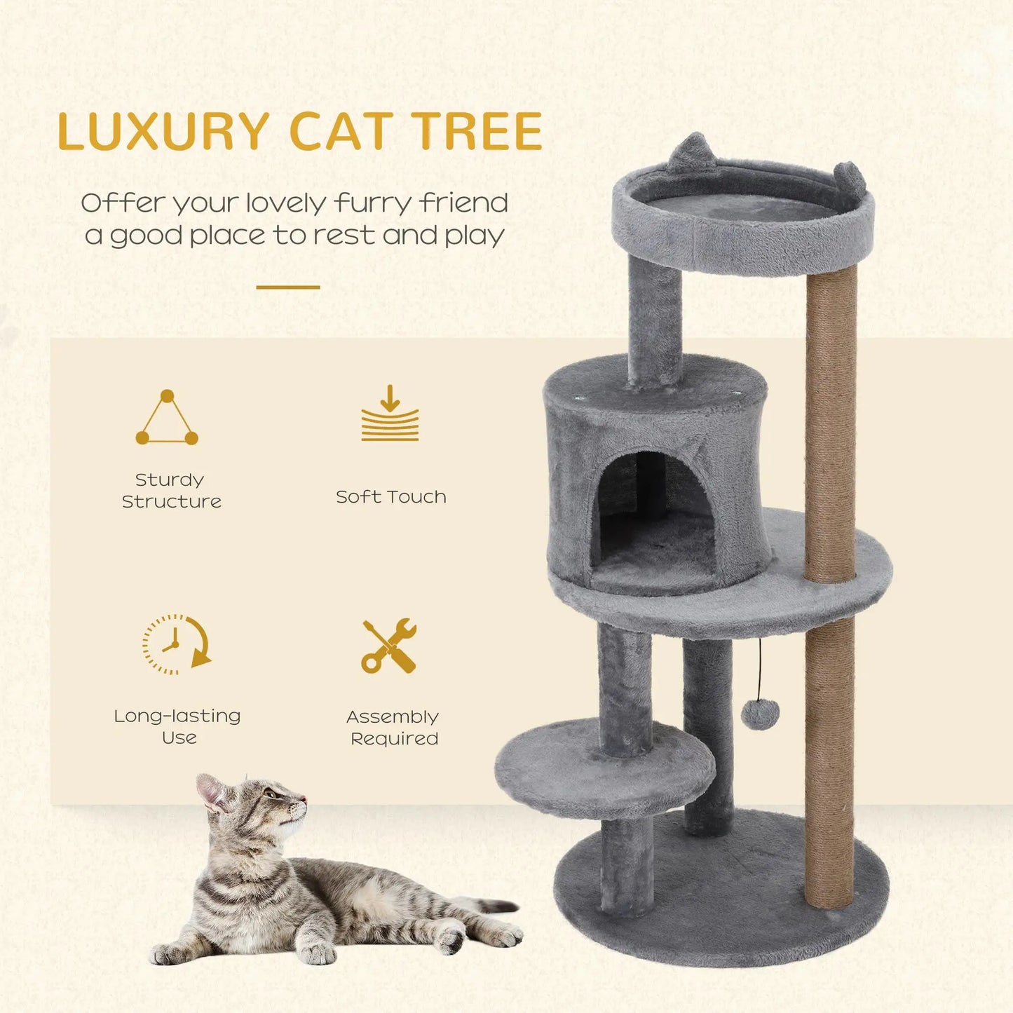 41" Cat Tree Tower with Condo, Scratching Posts, Hanging Ball, Grey Cat Towers at Gallery Canada