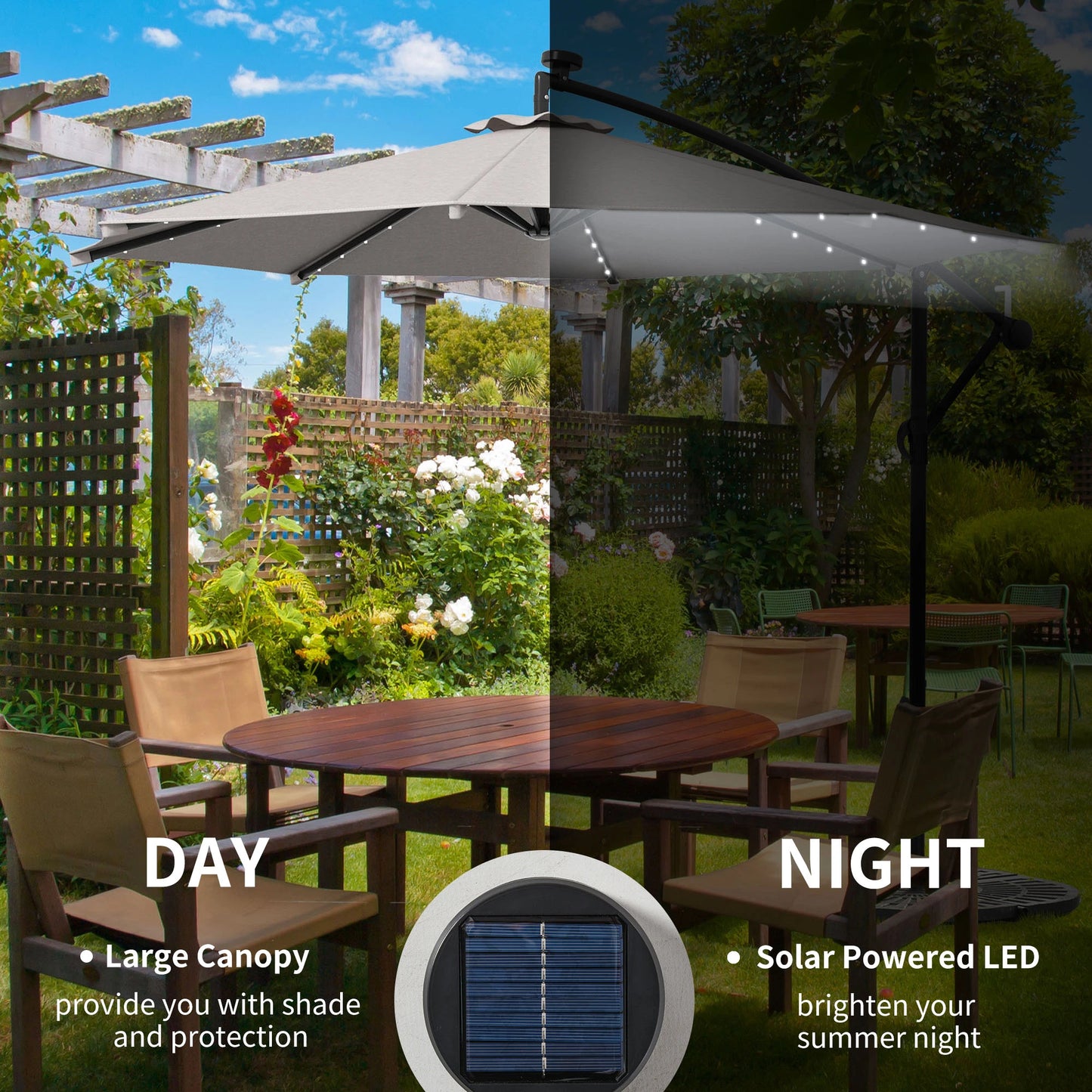 10ft Outdoor Cantilever Umbrella, Solar Lights, Adjustable Angle, Light Grey Cantilever Umbrellas at Gallery Canada