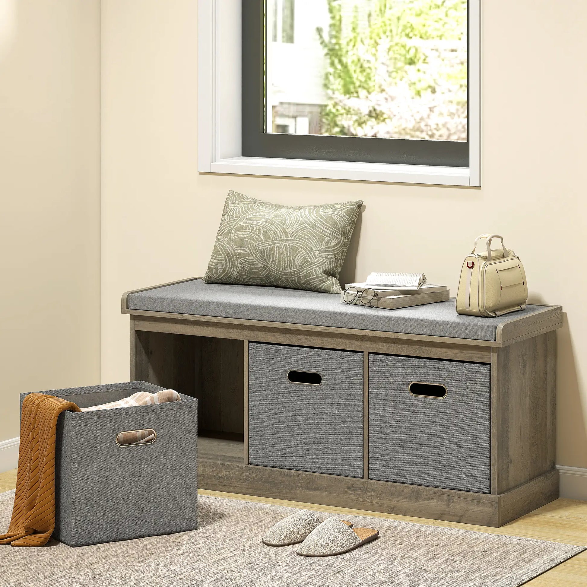 Shoe Storage Bench with Seat, 3 Fabric Drawers, Washed Grey Shoe Storage Cabinets & Racks at Gallery Canada