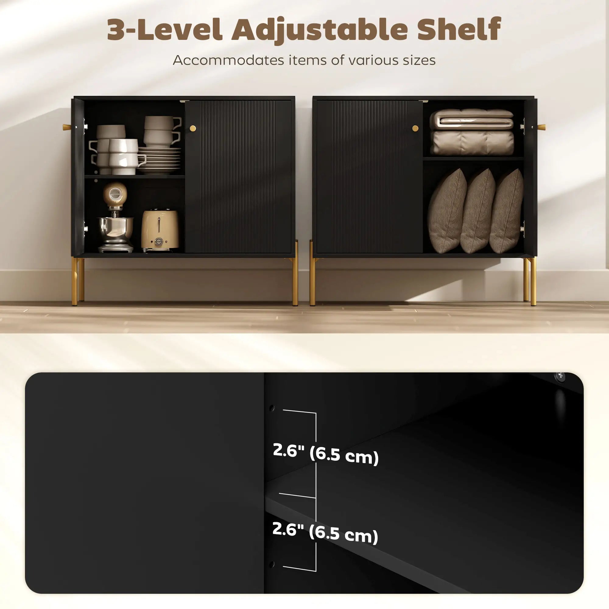 Sideboard, Modern Buffet Cabinet, Coffee Bar with Fluted Doors, Black Storage Cabinets at Gallery Canada