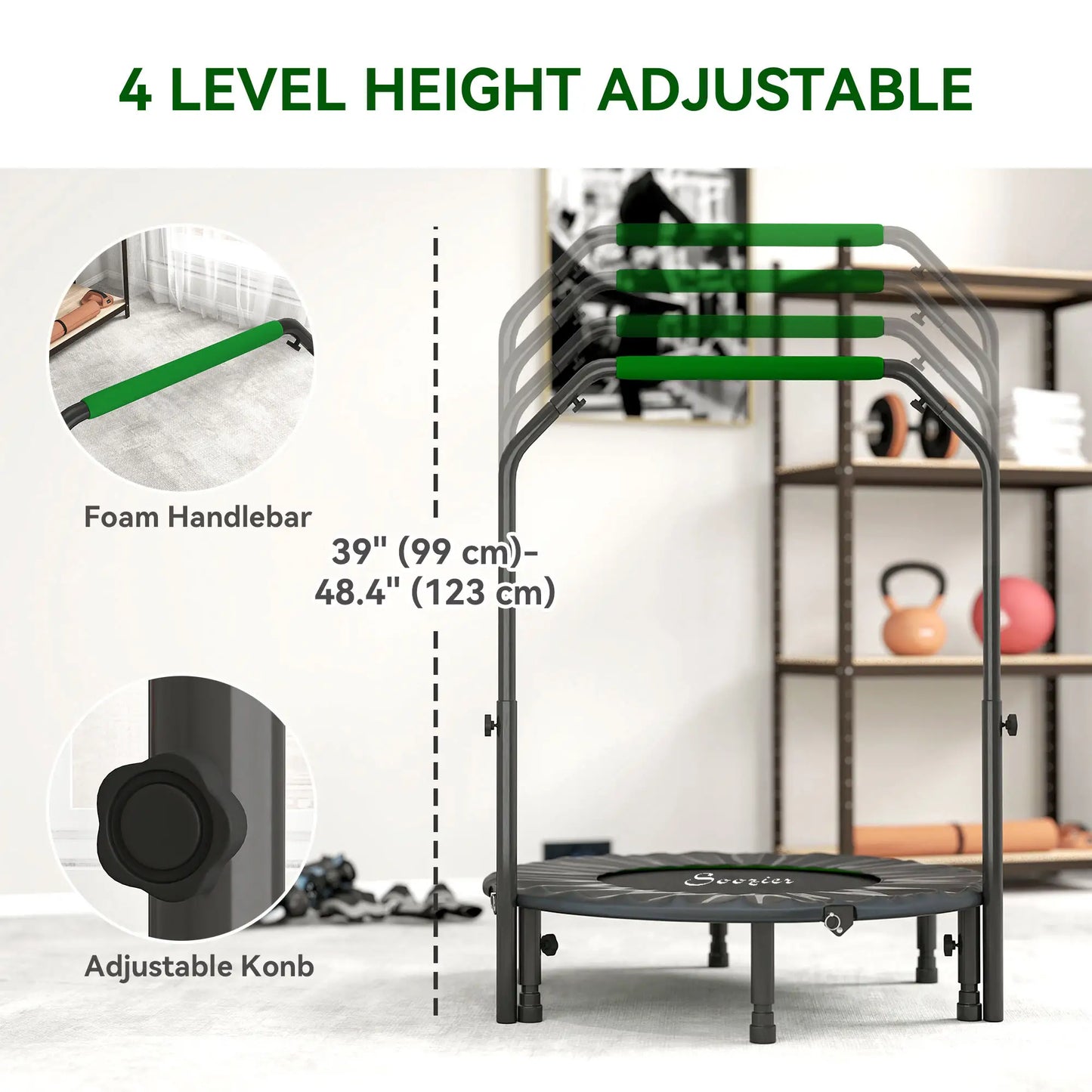 40" Foldable Mini Fitness Trampoline, Adjustable Foam Handle, Green Trampolines at Gallery Canada