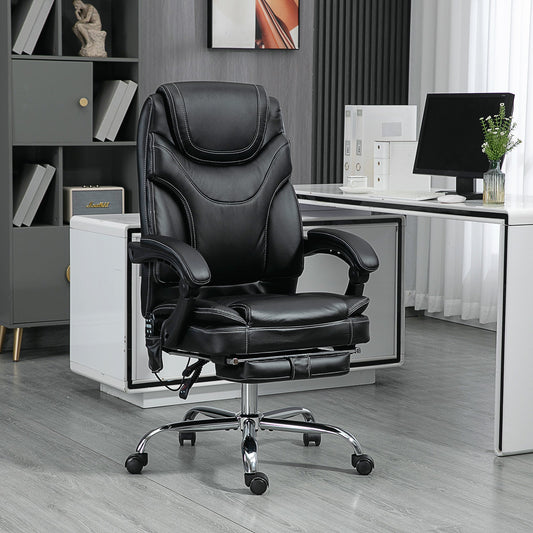 6 Point Vibration Massage Office Chair, PU Leather Heated Reclining Computer Chair with Footrest, Black - Gallery Canada