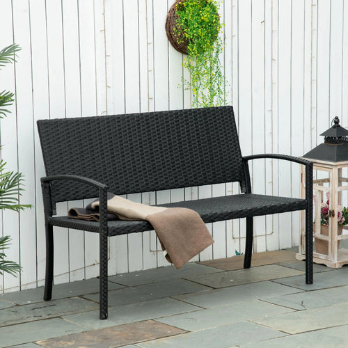 Rattan Wicker Loveseat, Garden Bench, Hand Woven, Portable, Black