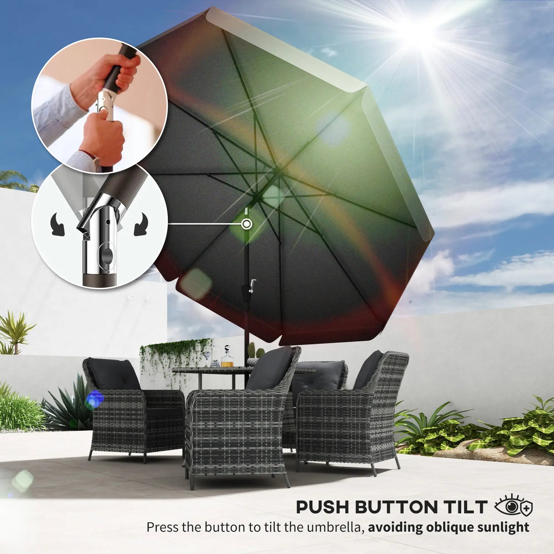 8.5 ft Round Patio Umbrella, Tilt and Crank, Black Sun Umbrellas at Gallery Canada