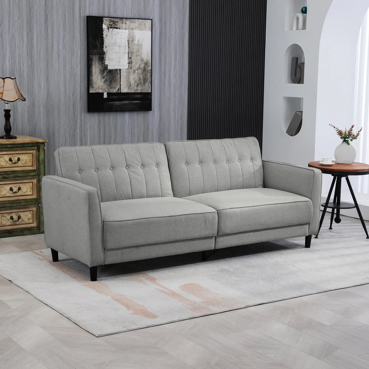 Convertible Bed with Couch, Button Tufted Fabric Sofa Bed, Adjustable Back, Grey 2-Seater Sofas at Gallery Canada