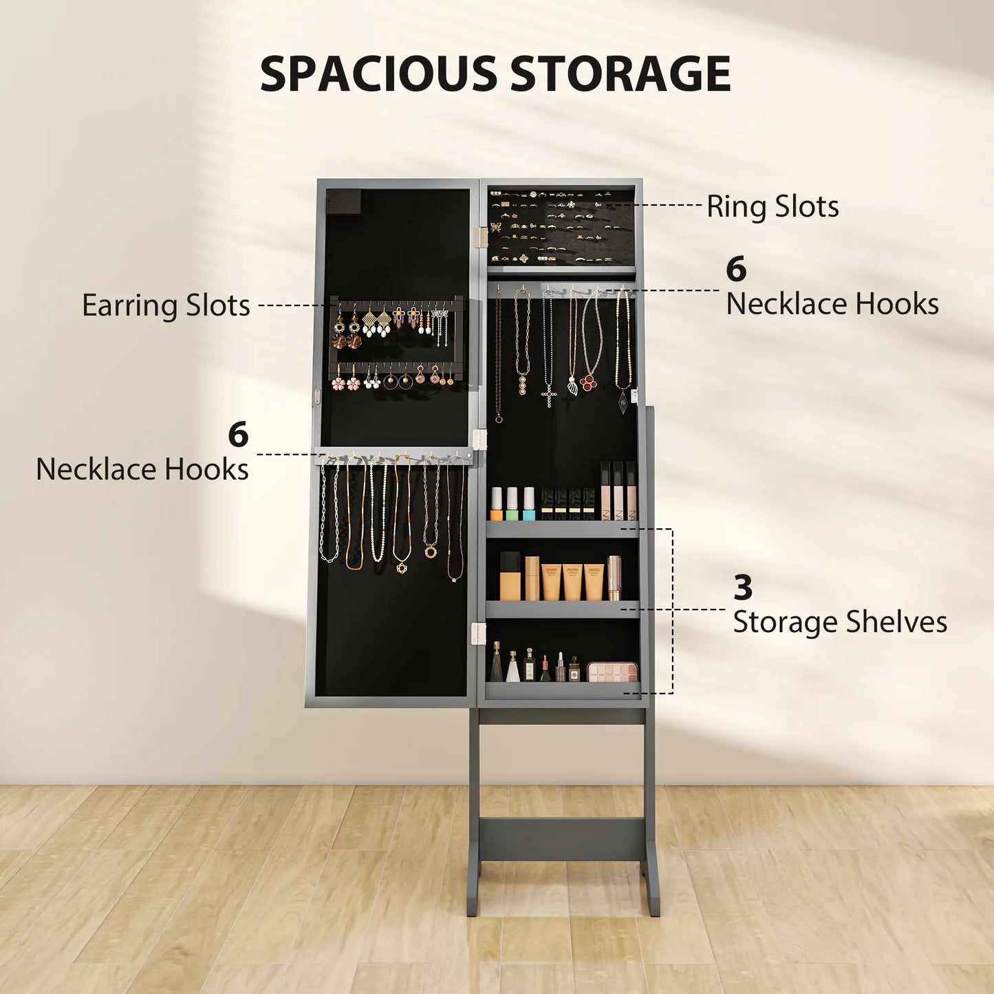 Free Standing Armoire Organizer, Lighted Mirrored Jewelry Cabinet, Grey Jewellery Armoire & Jewellery Mirror Cabinets at Gallery Canada