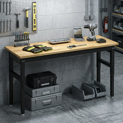 60" Adjustable Workbench, Heavy Duty Work Table with Rubber Wood Top, Power Outlets, Pegboard, 2000 LBS Capacity Tool Organizers at Gallery Canada