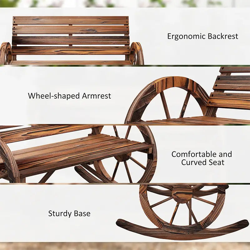 Wood Outdoor Loveseat, Carbonized, Wagon Wheel Armrests Outdoor Rocking Chairs at Gallery Canada