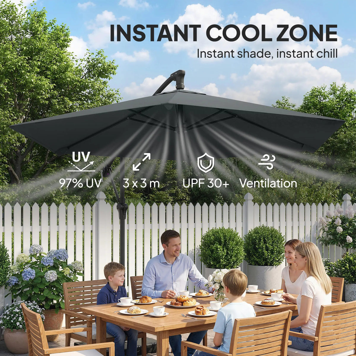 9.7 ft Offset Patio Umbrella, Water Sand Fillable Weights, Dark Grey Offset Cantilever Umbrellas at Gallery Canada
