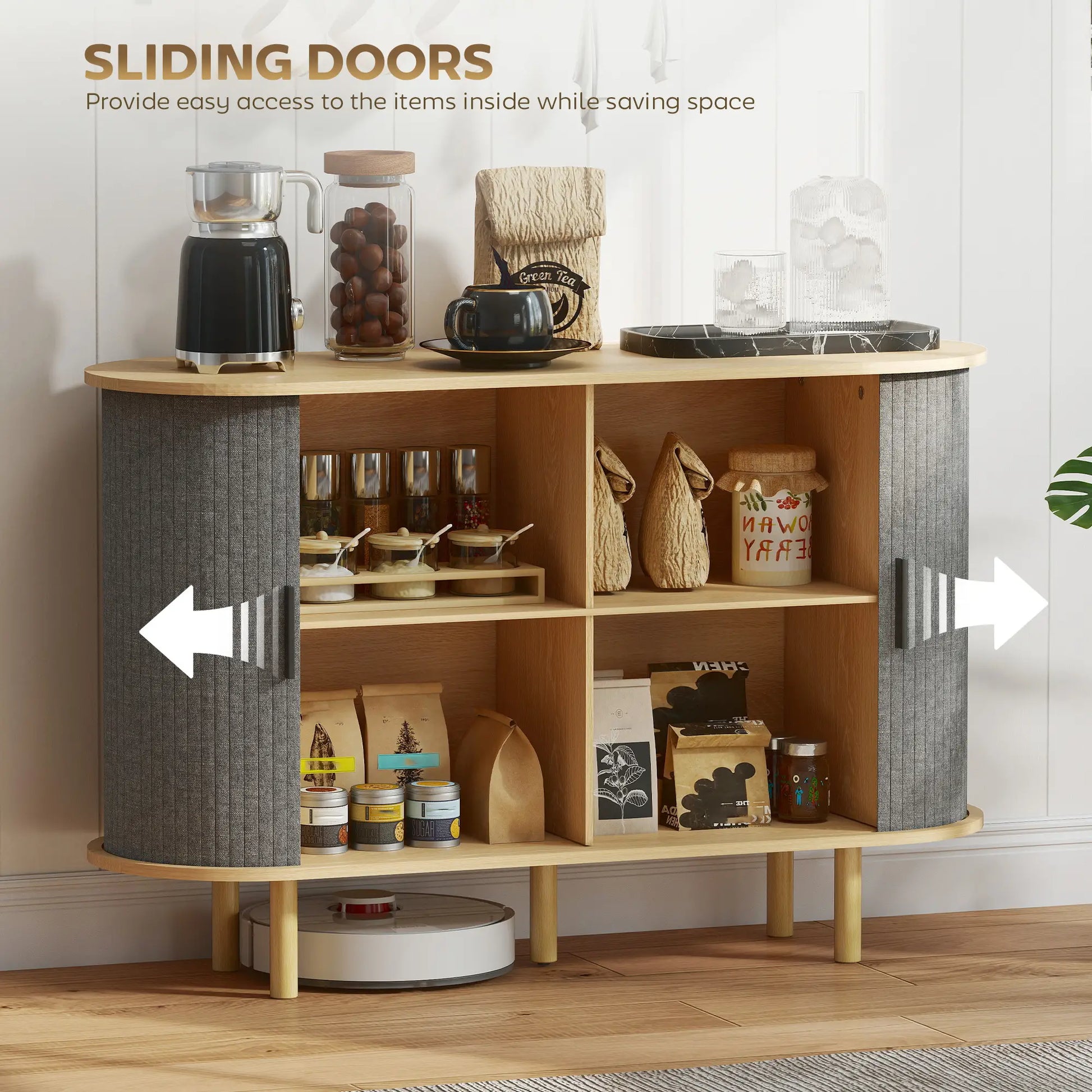 47" Buffet Cabinet, Tambour Sliding Doors, Fluted Sideboard, Grey Bar Cabinets at Gallery Canada