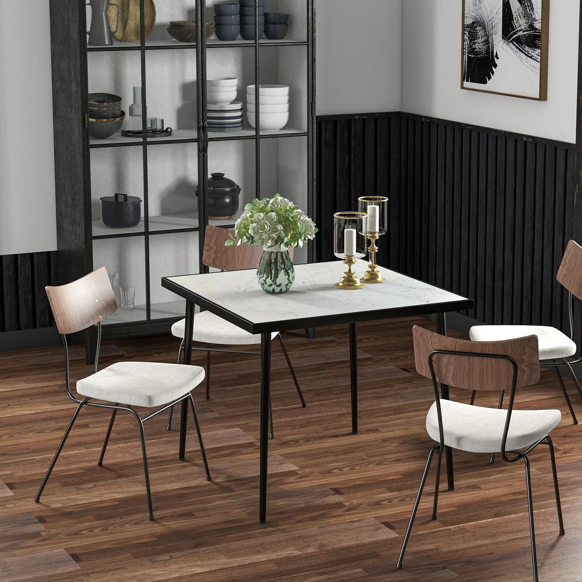 Square Outdoor Dining Table for 4, Marble Effect Glass Top, Steel Frame, White Patio Dinning Tables at Gallery Canada