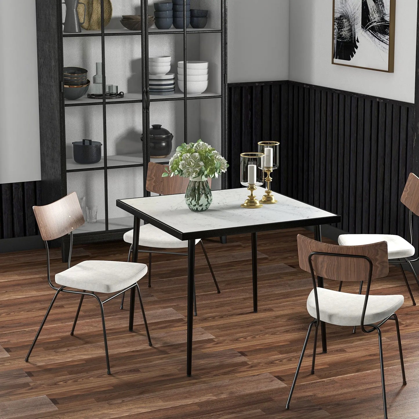 Square Outdoor Dining Table for 4, Marble Effect Glass Top, Steel Frame, White Patio Dinning Tables at Gallery Canada