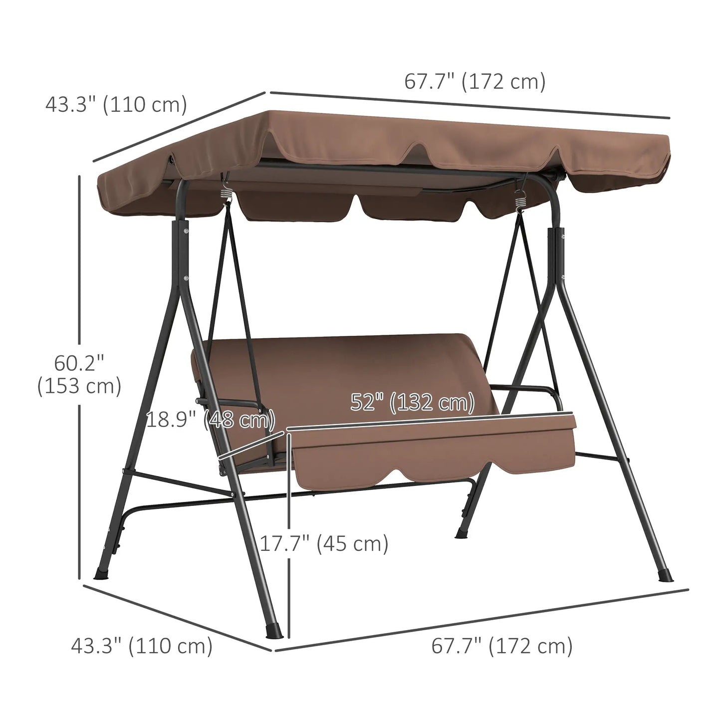 3-Seater Outdoor Porch Swing, Adjustable Canopy, Brown Patio Swings with Stand at Gallery Canada